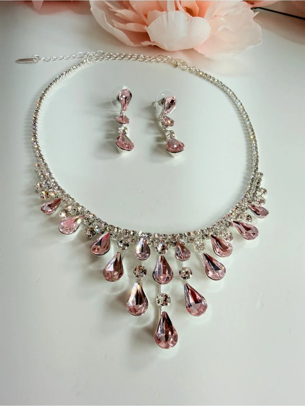 Pink Teardrop Crystal Necklace and Earring Set